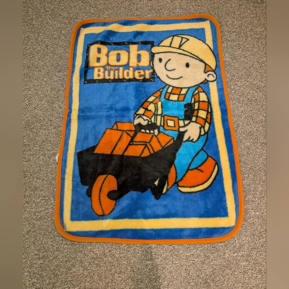 Bob The Builder Plush Fleece Blanket And Bonus Dinner Plate Pillow Lot Bundle